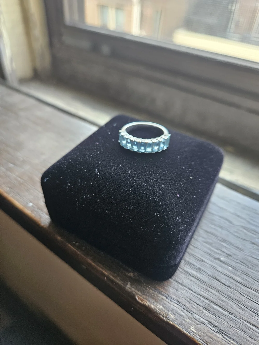 Kay Jewelers Silver Ring with Bright Blue Emerald-Cut Stones